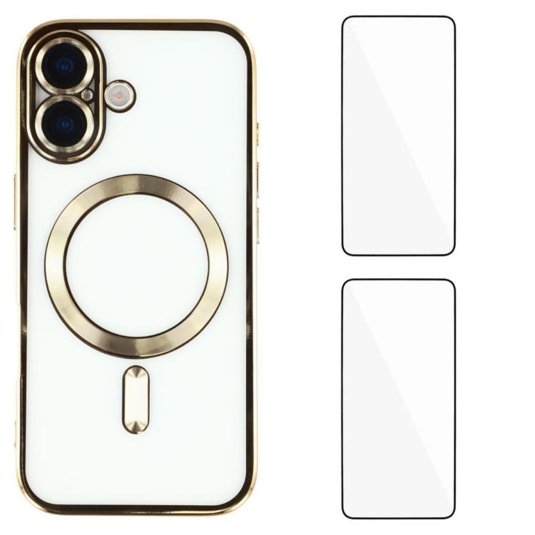 For iPhone 16 WANLONFENG CD Magnetic Electroplated TPU Phone Case with 2pcs Screen Films(Gold)