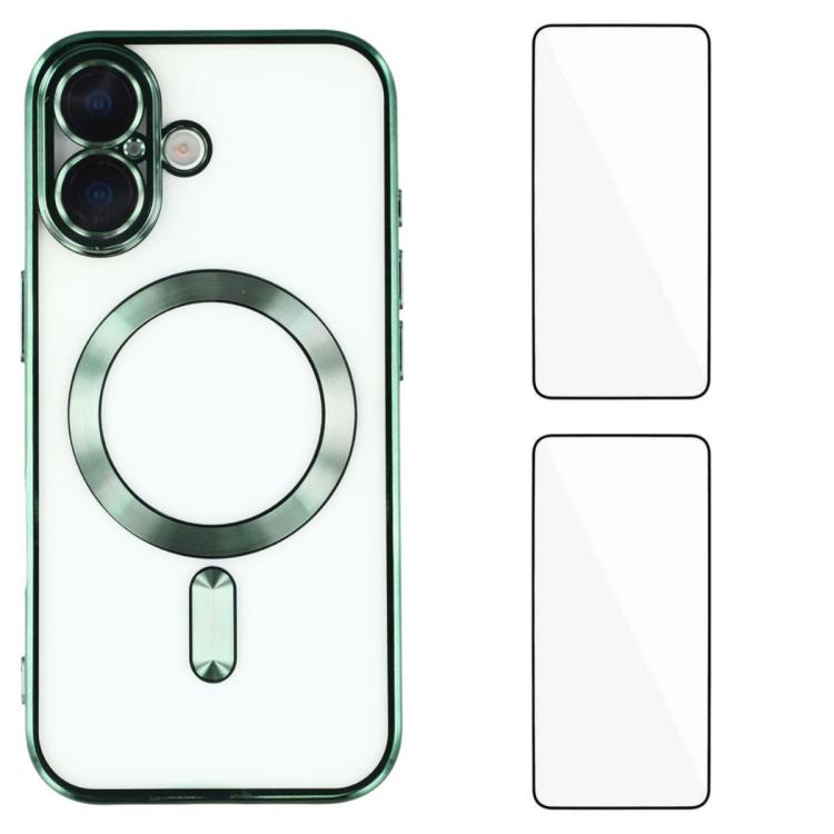 For iPhone 16 WANLONFENG CD Magnetic Electroplated TPU Phone Case with 2pcs Screen Films(Green)