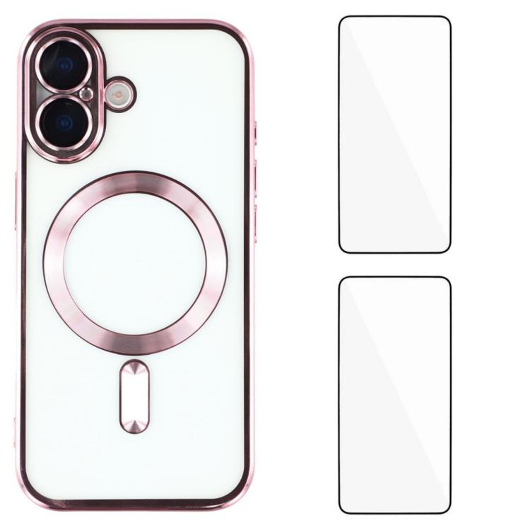 For iPhone 16 WANLONFENG CD Magnetic Electroplated TPU Phone Case with 2pcs Screen Films(Pink)