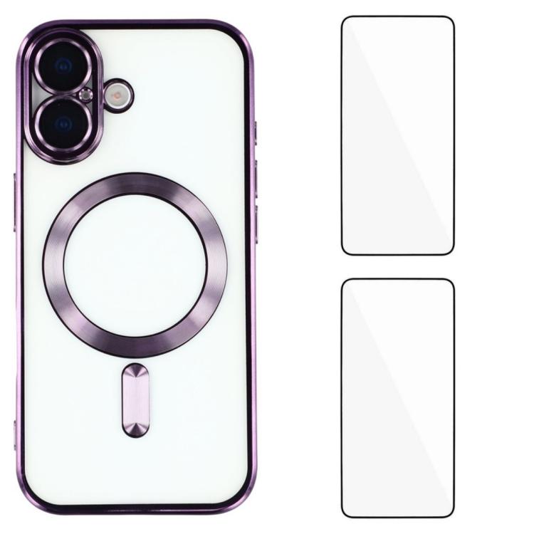 For iPhone 16 WANLONFENG CD Magnetic Electroplated TPU Phone Case with 2pcs Screen Films(Purple)