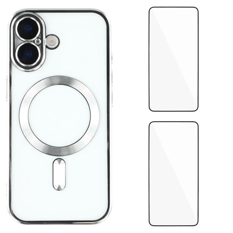For iPhone 16 WANLONFENG CD Magnetic Electroplated TPU Phone Case with 2pcs Screen Films(Silver)