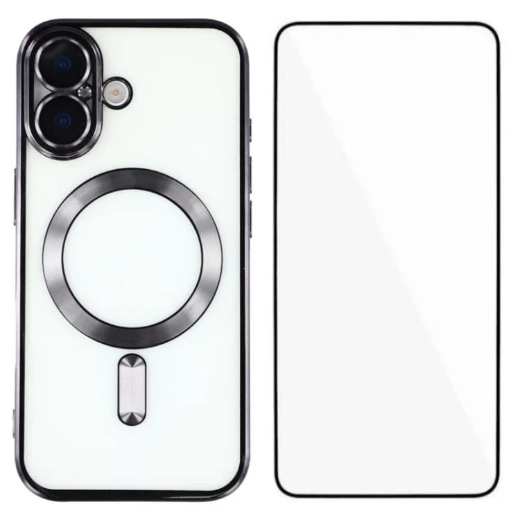 For iPhone 16 WANLONFENG CD Magnetic Electroplated TPU Phone Case with Screen Protector(Black)