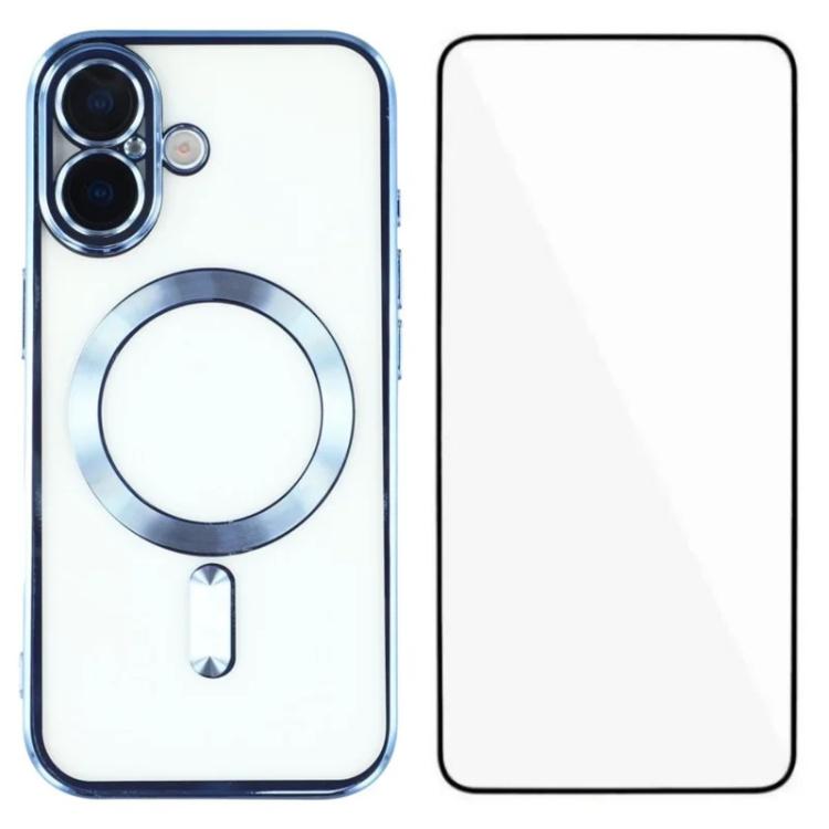 For iPhone 16 WANLONFENG CD Magnetic Electroplated TPU Phone Case with Screen Protector(Blue)