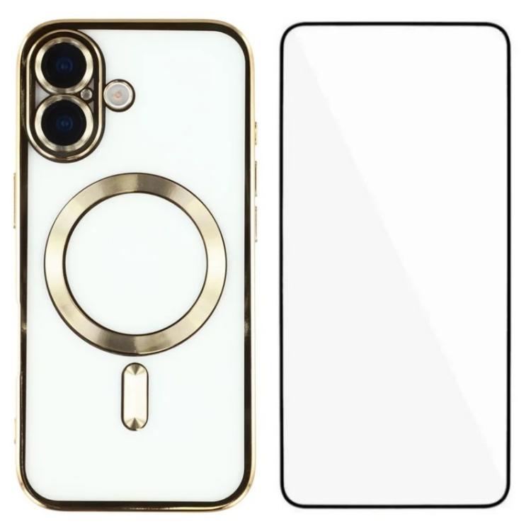 For iPhone 16 WANLONFENG CD Magnetic Electroplated TPU Phone Case with Screen Protector(Gold)