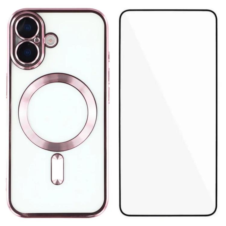 For iPhone 16 WANLONFENG CD Magnetic Electroplated TPU Phone Case with Screen Protector(Pink)