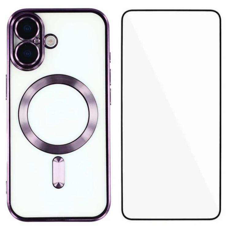 For iPhone 16 WANLONFENG CD Magnetic Electroplated TPU Phone Case with Screen Protector(Purple)