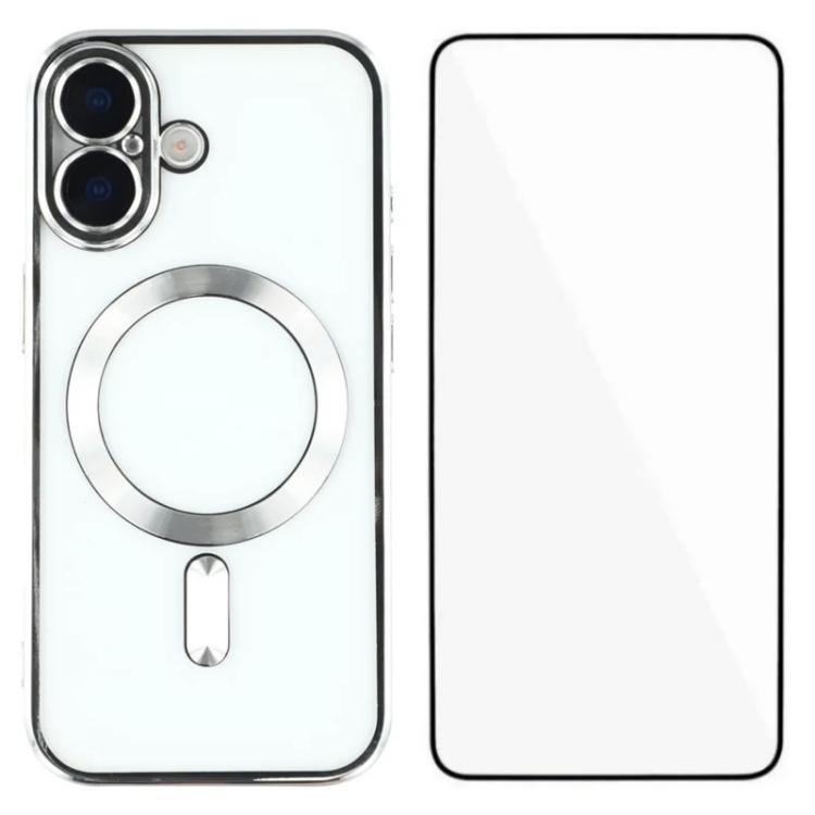 For iPhone 16 WANLONFENG CD Magnetic Electroplated TPU Phone Case with Screen Protector(Silver)