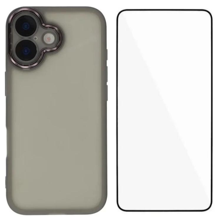 For iPhone 16 WANLONFENG Electroplated Frame Translucent TPU Phone Case with Screen Film(Black)