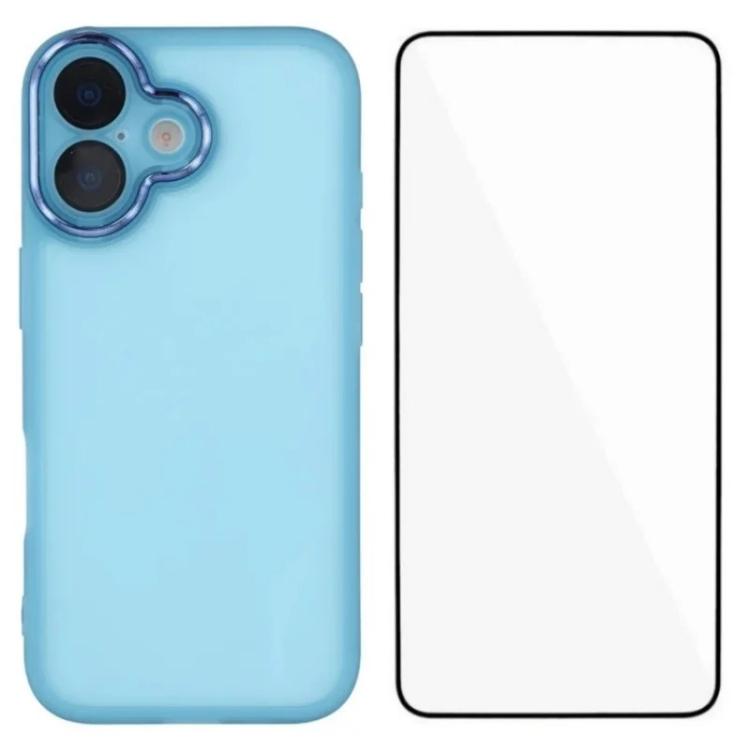 For iPhone 16 WANLONFENG Electroplated Frame Translucent TPU Phone Case with Screen Film(Blue)