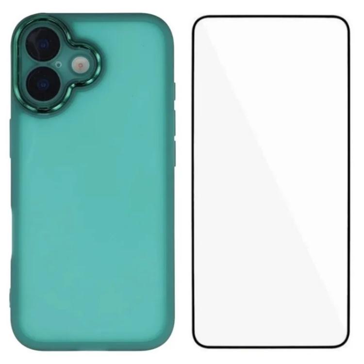 For iPhone 16 WANLONFENG Electroplated Frame Translucent TPU Phone Case with Screen Film(Green)