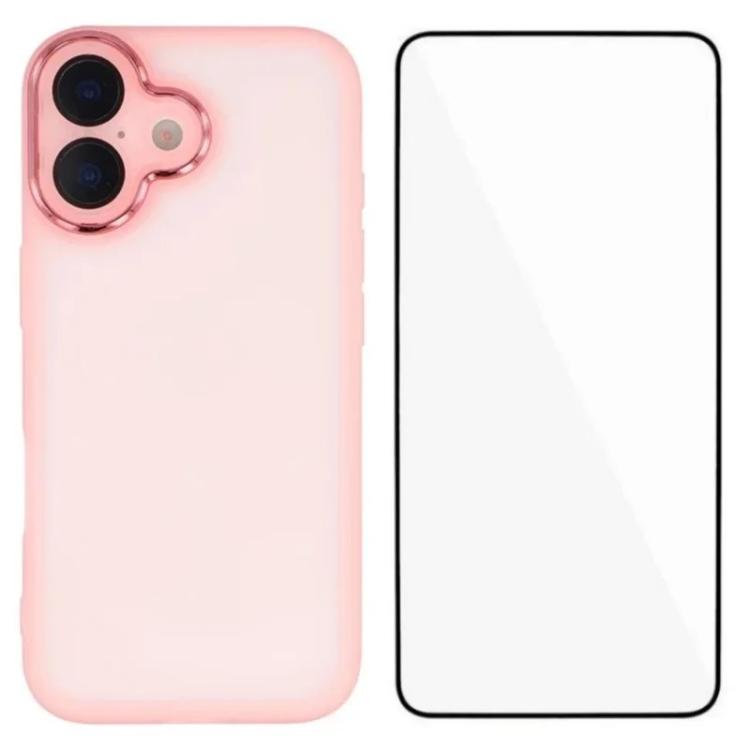 For iPhone 16 WANLONFENG Electroplated Frame Translucent TPU Phone Case with Screen Film(Pink)