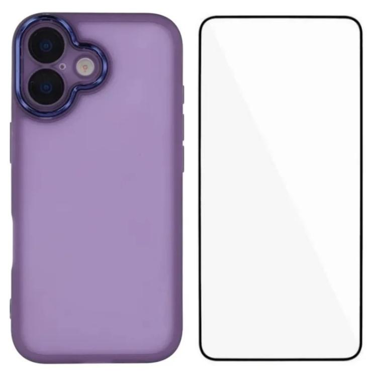 For iPhone 16 WANLONFENG Electroplated Frame Translucent TPU Phone Case with Screen Film(Purple)