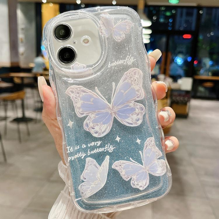 For iPhone 16 Wavy Glitter Butterfly TPU Phone Case(Blue)