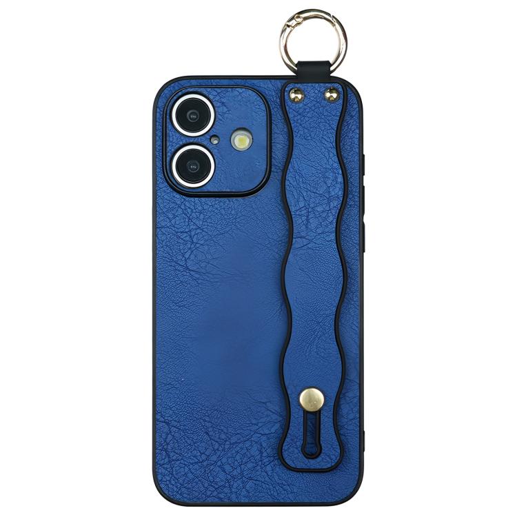 For iPhone 16 Wavy Wristband Bracket TPU Phone Case(Blue)