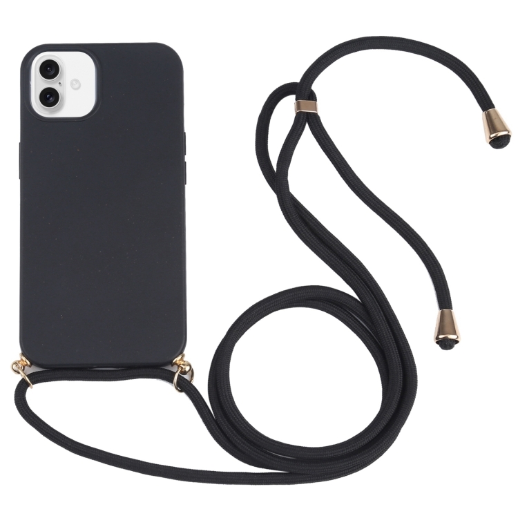 For iPhone 16 Wheat Straw TPU Shockproof Phone Case with Neck Lanyard(Black)