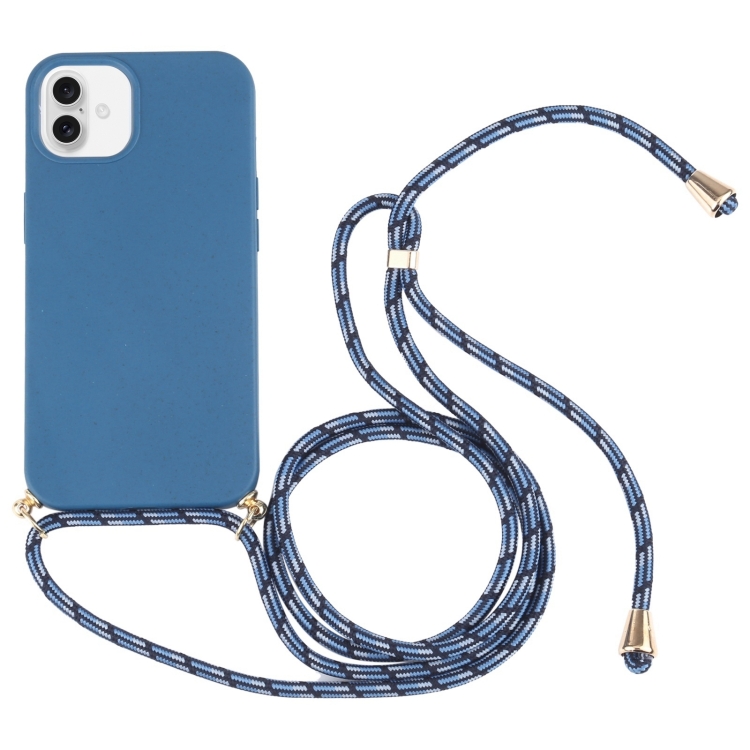 For iPhone 16 Wheat Straw TPU Shockproof Phone Case with Neck Lanyard(Blue)
