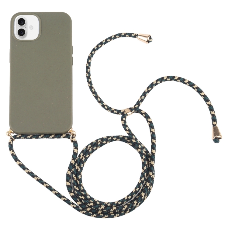 For iPhone 16 Wheat Straw TPU Shockproof Phone Case with Neck Lanyard(Dark Green)