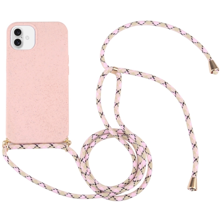 For iPhone 16 Wheat Straw TPU Shockproof Phone Case with Neck Lanyard(Pink)