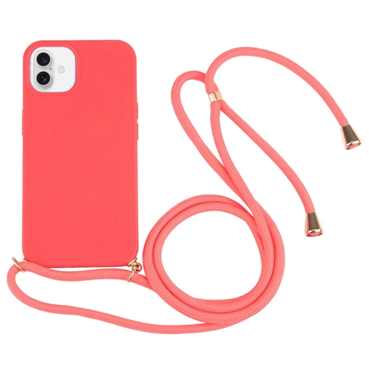 For iPhone 16 Wheat Straw TPU Shockproof Phone Case with Neck Lanyard(Red)