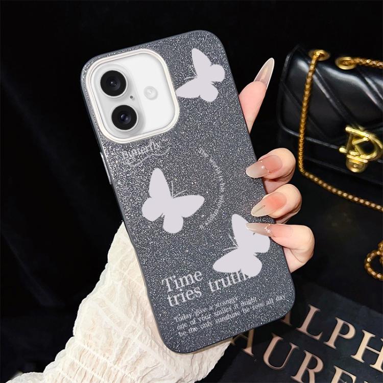 For iPhone 16 White Butterflies Pattern IMD Glitter PC Hybrid TPU Phone Case(Black)