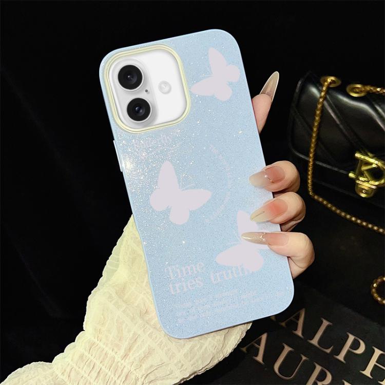 For iPhone 16 White Butterflies Pattern IMD Glitter PC Hybrid TPU Phone Case(Blue)
