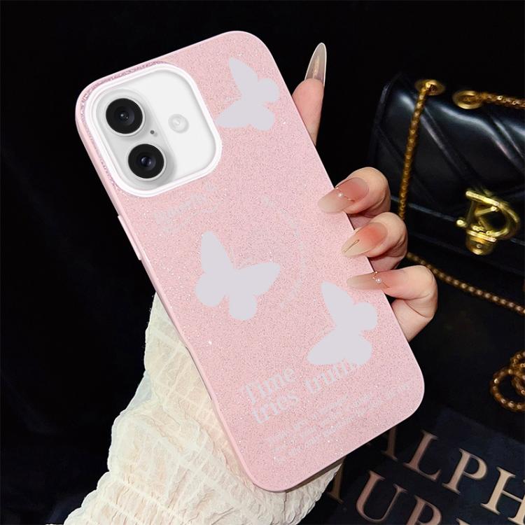 For iPhone 16 White Butterflies Pattern IMD Glitter PC Hybrid TPU Phone Case(Pink)