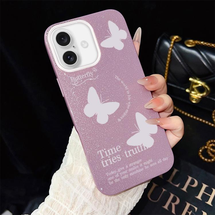 For iPhone 16 White Butterflies Pattern IMD Glitter PC Hybrid TPU Phone Case(Purple)