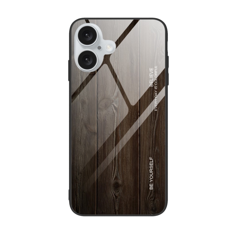 For iPhone 16 Wood Grain Glass Phone Case(Black)