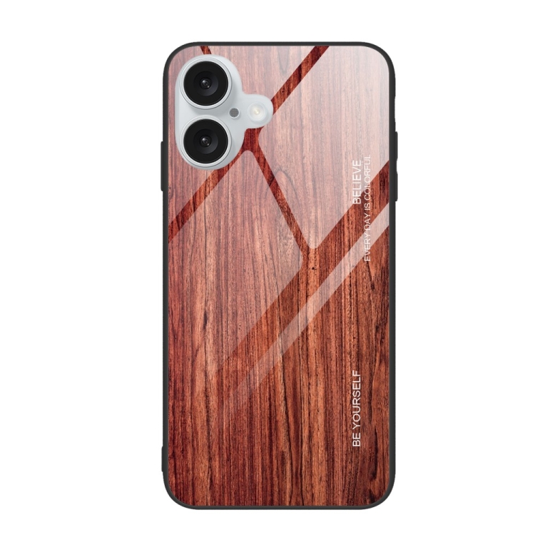 For iPhone 16 Wood Grain Glass Phone Case(Coffee)