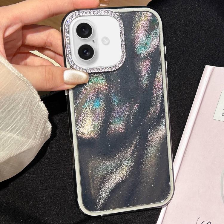 For iPhone 17 3 in 1 Diamond Lens Frame Quicksand Pattern Phone Case(Black)