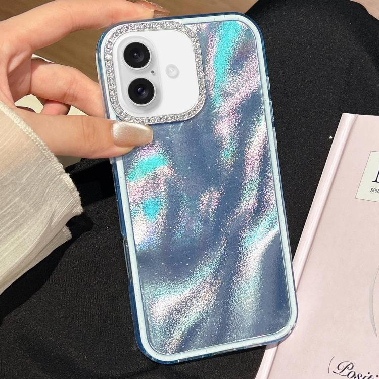 For iPhone 17 3 in 1 Diamond Lens Frame Quicksand Pattern Phone Case(Blue)