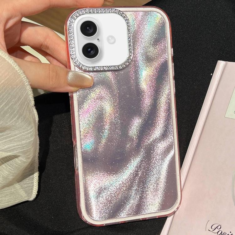 For iPhone 17 3 in 1 Diamond Lens Frame Quicksand Pattern Phone Case(Pink)