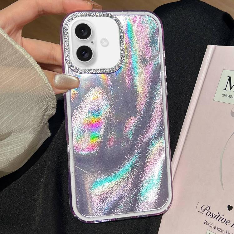 For iPhone 17 3 in 1 Diamond Lens Frame Quicksand Pattern Phone Case(Purple)