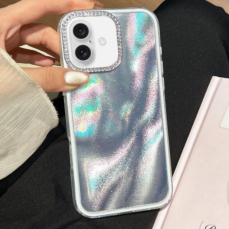 For iPhone 17 3 in 1 Diamond Lens Frame Quicksand Pattern Phone Case(Silver)