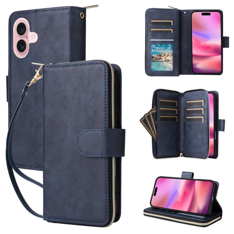 For iPhone 17 9 Card Slots Zipper Wallet Bag Leather Phone Case(Blue)