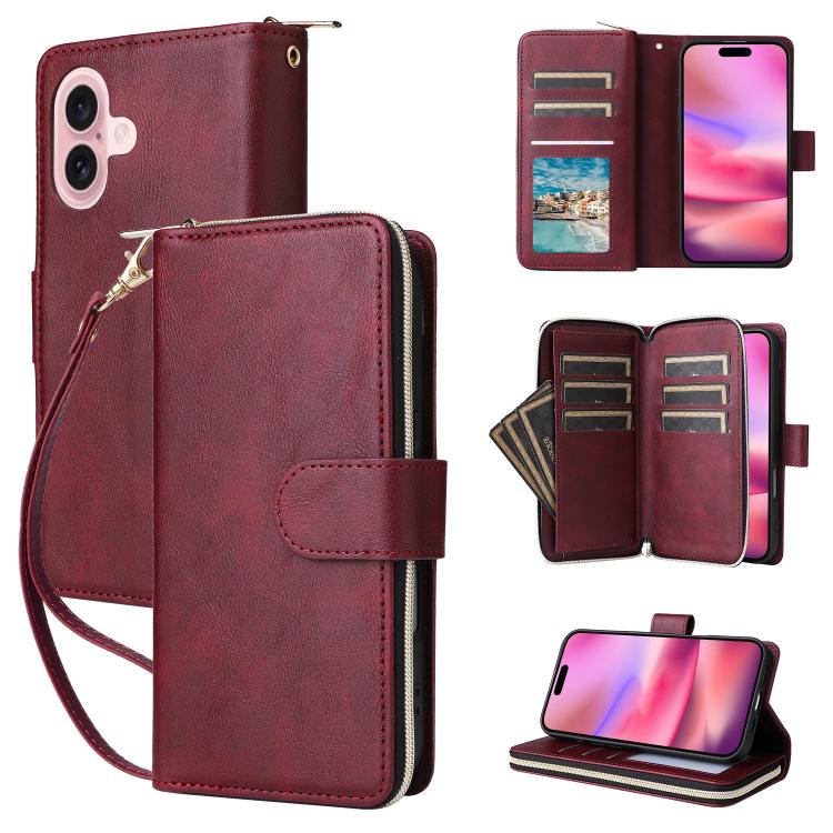 For iPhone 17 9 Card Slots Zipper Wallet Bag Leather Phone Case(Wine Red)