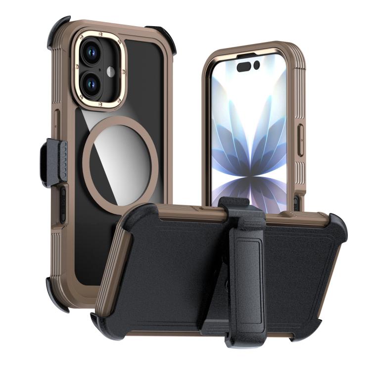 For iPhone 17 Acrylic Full Coverage Magnetic Phone Case with Back Clip(Desert Gold)