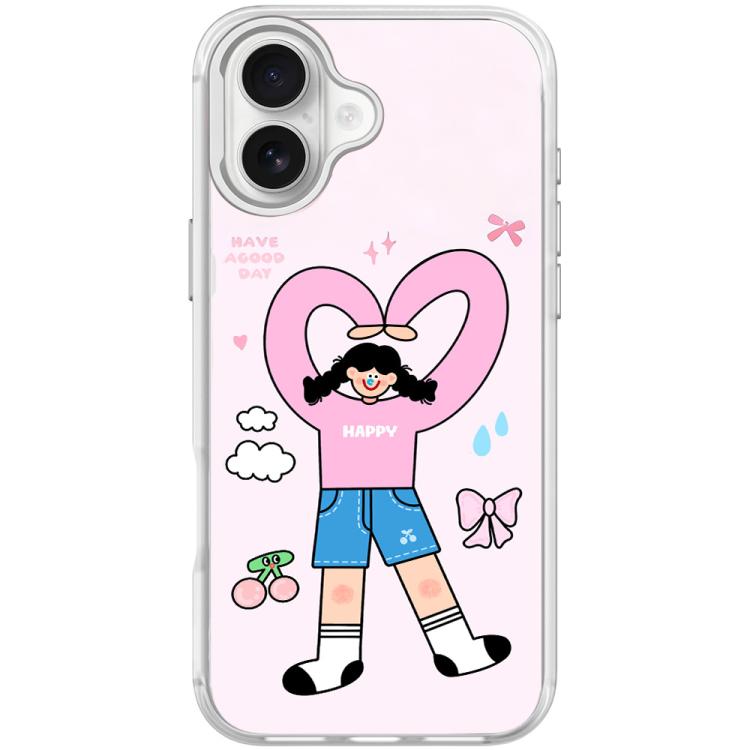 For iPhone 17 Adorable Double Ponytail Heart Girl Pattern Magnetic Phone Case(Transparent White)