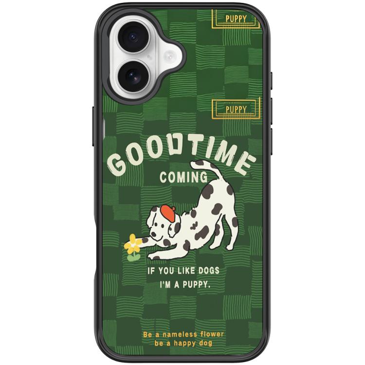 For iPhone 17 Adorable Flower Catching Dog Pattern Magnetic Phone Case(Black)