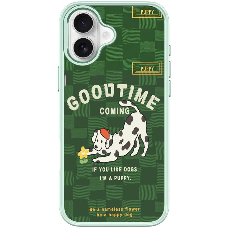 For iPhone 17 Adorable Flower Catching Dog Pattern Magnetic Phone Case(Light Green)
