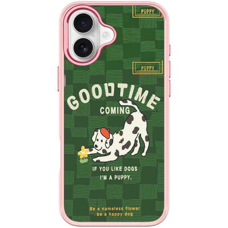 For iPhone 17 Adorable Flower Catching Dog Pattern Magnetic Phone Case(Pink)