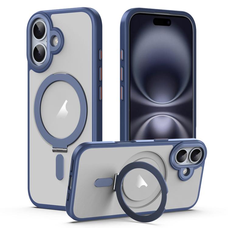 For iPhone 17 Airbag MagSafe Shockproof Frosted Phone Case with Fold Holder(Blue)