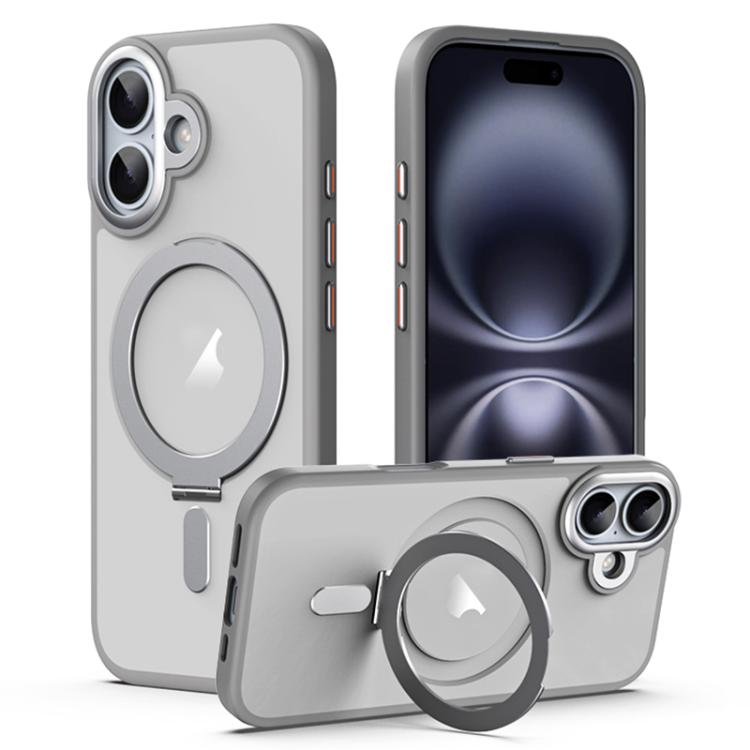 For iPhone 17 Airbag MagSafe Shockproof Frosted Phone Case with Fold Holder(Grey)