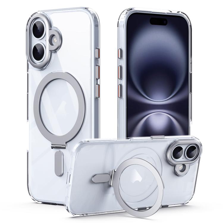 For iPhone 17 Airbag MagSafe Shockproof Frosted Phone Case with Fold Holder(Silver)