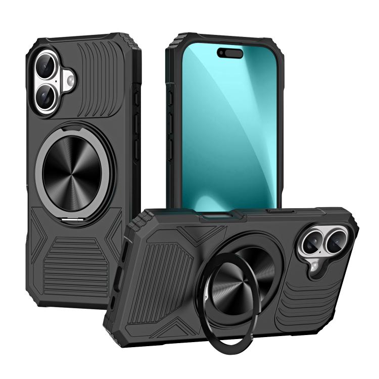 For iPhone 17 Alloy Rotating Holder MagSafe Shockproof Phone Case(Black)