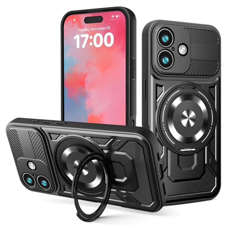 For iPhone 17 Armor Rotating Holder MagSafe Phone Case(Black)