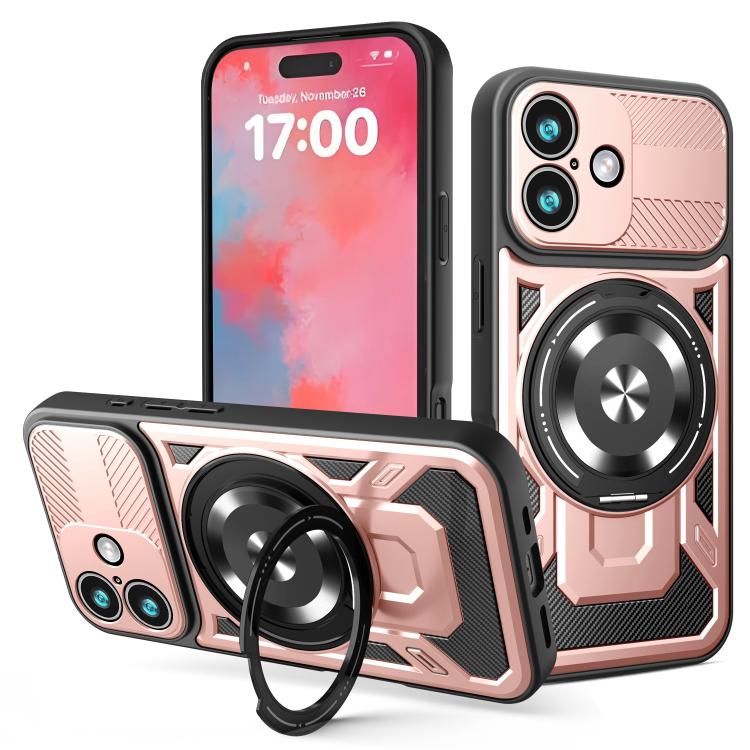 For iPhone 17 Armor Rotating Holder MagSafe Phone Case(Rose Gold)