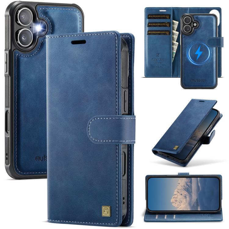 For iPhone 17 AutSpace A05 2 in 1 Retro Calf Texture MagSafe Magnetic Phone Case(Blue)