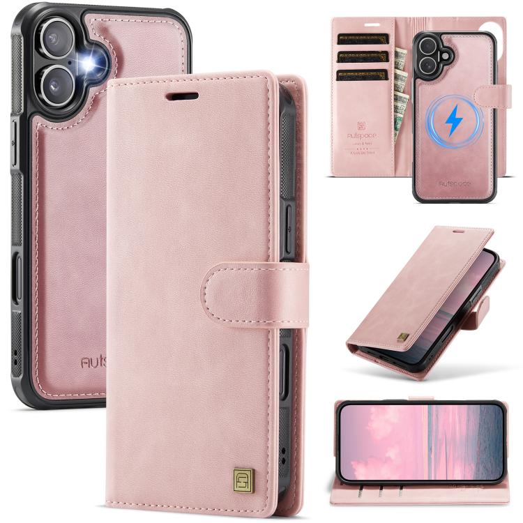 For iPhone 17 AutSpace A05 2 in 1 Retro Calf Texture MagSafe Magnetic Phone Case(Pink)