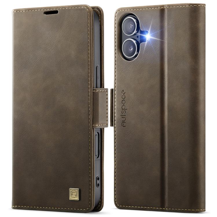 For iPhone 17 AutSpace A11 Side Buckle MagSafe Magnetic RFID Phone Leather Case(Coffee)